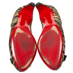 Pre Owned Christian Louboutin Black/Beige Tiger Print Raffia Bow Kitten Heel Pumps Size 37.5