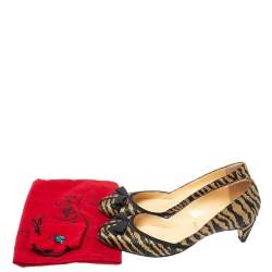 Pre Owned Christian Louboutin Black/Beige Tiger Print Raffia Bow Kitten Heel Pumps Size 37.5