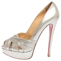Pre Owned Christian Louboutin Silver Leather Criss Cross Peep Toe Platform Pumps Size 39