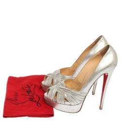Pre Owned Christian Louboutin Silver Leather Criss Cross Peep Toe Platform Pumps Size 39