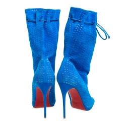 مملوكة مسبقًا Christian Louboutin Light Blue Perforated Suede Jennifer Wrap Boots Size 41