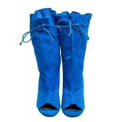 مملوكة مسبقًا Christian Louboutin Light Blue Perforated Suede Jennifer Wrap Boots Size 41