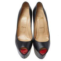 Pre Owned Christian Louboutin Black Leather Highness Peep Toe Platform Pumps Size 38.5