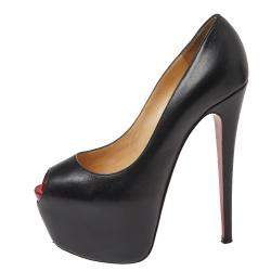 Pre Owned Christian Louboutin Black Leather Highness Peep Toe Platform Pumps Size 38.5