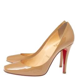 Pre Owned Christian Louboutin Beige Patent Leather Particule Square Toe Pumps Size 37