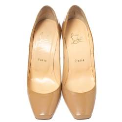 Pre Owned Christian Louboutin Beige Patent Leather Particule Square Toe Pumps Size 37