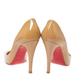 Pre Owned Christian Louboutin Beige Patent Leather Particule Square Toe Pumps Size 37
