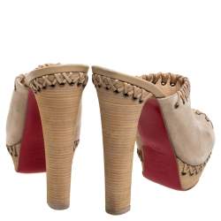 Pre Owned Christian Louboutin Beige Suede Leather Peep Toe Platform Mules Size 38.5