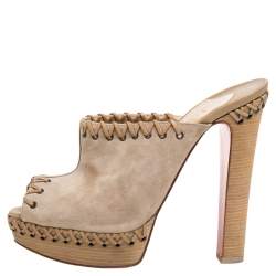Pre Owned Christian Louboutin Beige Suede Leather Peep Toe Platform Mules Size 38.5