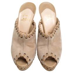 Pre Owned Christian Louboutin Beige Suede Leather Peep Toe Platform Mules Size 38.5