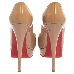 Pre Owned Christian Louboutin Beige Patent Leather Lady Peep Platform Pumps Size 39.5