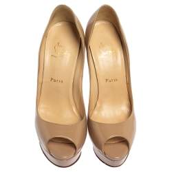 Pre Owned Christian Louboutin Beige Patent Leather Lady Peep Platform Pumps Size 39.5