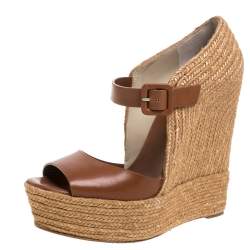 Pre Owned Christian Louboutin Brown Leather And Jute Praia Wedge Espadrille Platform Ankle Strap Sandals Size 39