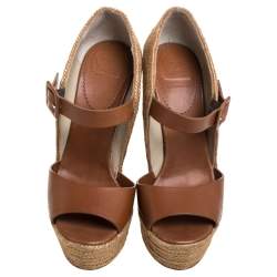 مملوكة مسبقًا Christian Louboutin Brown Leather And Jute Praia Wedge Espadrille Platform Ankle Strap Sandals Size 39