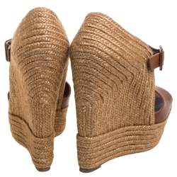 مملوكة مسبقًا Christian Louboutin Brown Leather And Jute Praia Wedge Espadrille Platform Ankle Strap Sandals Size 39