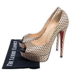 Pre Owned Christian Louboutin Beige/Black Lace And Satin Peep Toe Pumps Size 36