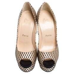 Pre Owned Christian Louboutin Beige/Black Lace And Satin Peep Toe Pumps Size 36