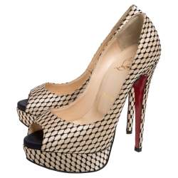 Pre Owned Christian Louboutin Beige/Black Lace And Satin Peep Toe Pumps Size 36