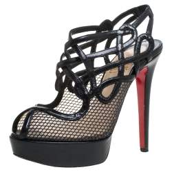 Pre Owned Christian Louboutin Black Leather And Mesh Strappy Platform Slingback Sandals Size 34.5