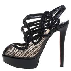 Pre Owned Christian Louboutin Black Leather And Mesh Strappy Platform Slingback Sandals Size 34.5