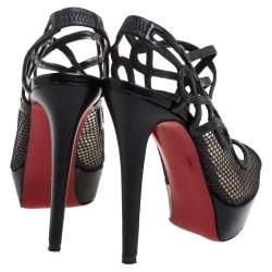 Pre Owned Christian Louboutin Black Leather And Mesh Strappy Platform Slingback Sandals Size 34.5