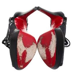 Pre Owned Christian Louboutin Black Leather And Mesh Strappy Platform Slingback Sandals Size 34.5