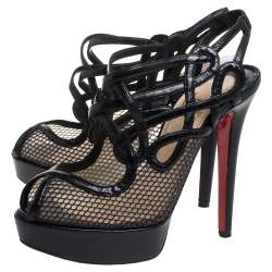 Pre Owned Christian Louboutin Black Leather And Mesh Strappy Platform Slingback Sandals Size 34.5