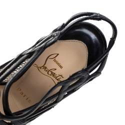 Pre Owned Christian Louboutin Black Leather And Mesh Strappy Platform Slingback Sandals Size 34.5