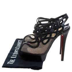 Pre Owned Christian Louboutin Black Leather And Mesh Strappy Platform Slingback Sandals Size 34.5
