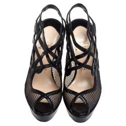 Pre Owned Christian Louboutin Black Leather And Mesh Strappy Platform Slingback Sandals Size 34.5