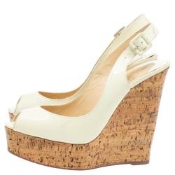 Pre Owned Christian Louboutin White Patent Leather Une Plume Cork Wedge Platform Peep Toe Slingback Sandals Size 39.5