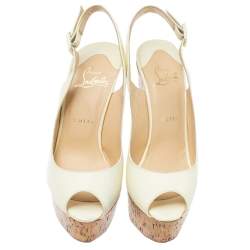 Pre Owned Christian Louboutin White Patent Leather Une Plume Cork Wedge Platform Peep Toe Slingback Sandals Size 39.5