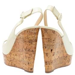 Pre Owned Christian Louboutin White Patent Leather Une Plume Cork Wedge Platform Peep Toe Slingback Sandals Size 39.5