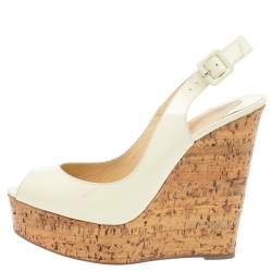 Pre Owned Christian Louboutin White Patent Leather Une Plume Cork Wedge Platform Peep Toe Slingback Sandals Size 39.5