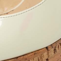 Pre Owned Christian Louboutin White Patent Leather Une Plume Cork Wedge Platform Peep Toe Slingback Sandals Size 39.5