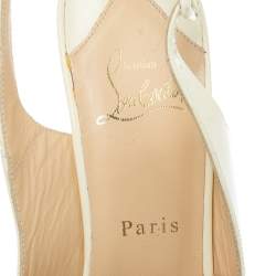 Pre Owned Christian Louboutin White Patent Leather Une Plume Cork Wedge Platform Peep Toe Slingback Sandals Size 39.5