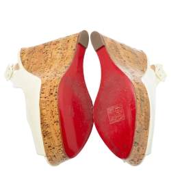 Pre Owned Christian Louboutin White Patent Leather Une Plume Cork Wedge Platform Peep Toe Slingback Sandals Size 39.5