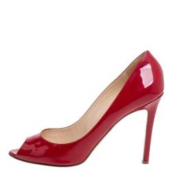 Pre Owned Christian Louboutin Red Patent Leather Flo Peep Toe Pumps Size 39