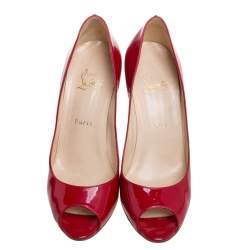 Pre Owned Christian Louboutin Red Patent Leather Flo Peep Toe Pumps Size 39