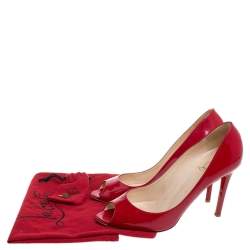 Pre Owned Christian Louboutin Red Patent Leather Flo Peep Toe Pumps Size 39