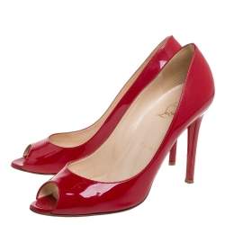 Pre Owned Christian Louboutin Red Patent Leather Flo Peep Toe Pumps Size 39