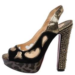 Pre Owned Christian Louboutin Black/Golden Suede, Leather And Mesh Peep Toe Slingback Platform Sandals Size 36
