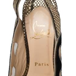 Pre Owned Christian Louboutin Black/Golden Suede, Leather And Mesh Peep Toe Slingback Platform Sandals Size 36