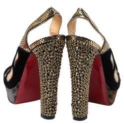 Pre Owned Christian Louboutin Black/Golden Suede, Leather And Mesh Peep Toe Slingback Platform Sandals Size 36