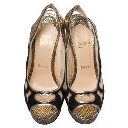Pre Owned Christian Louboutin Black/Golden Suede, Leather And Mesh Peep Toe Slingback Platform Sandals Size 36