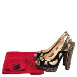 Pre Owned Christian Louboutin Black/Golden Suede, Leather And Mesh Peep Toe Slingback Platform Sandals Size 36