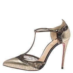 Pre Owned Christian Louboutin Gold Leather And Lace Mrs Early T-Strap Sandals Size 37