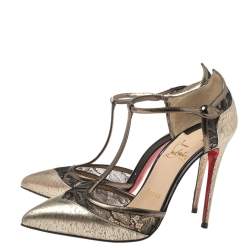 Pre Owned Christian Louboutin Gold Leather And Lace Mrs Early T-Strap Sandals Size 37