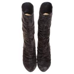 Pre Owned Christian Louboutin Dark Brown Pleated Suede Prios Mid Calf Boots Size 39.5