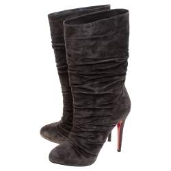 Pre Owned Christian Louboutin Dark Brown Pleated Suede Prios Mid Calf Boots Size 39.5